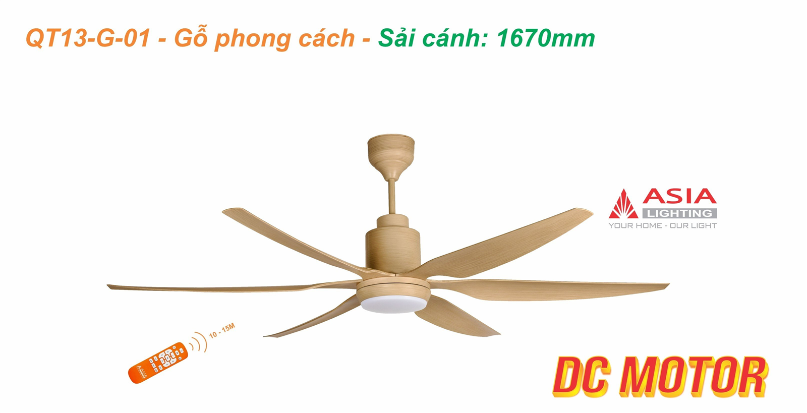 Asian-Quạt trần sải cánh 1670mm có đèn QT13 - Ảnh 7
