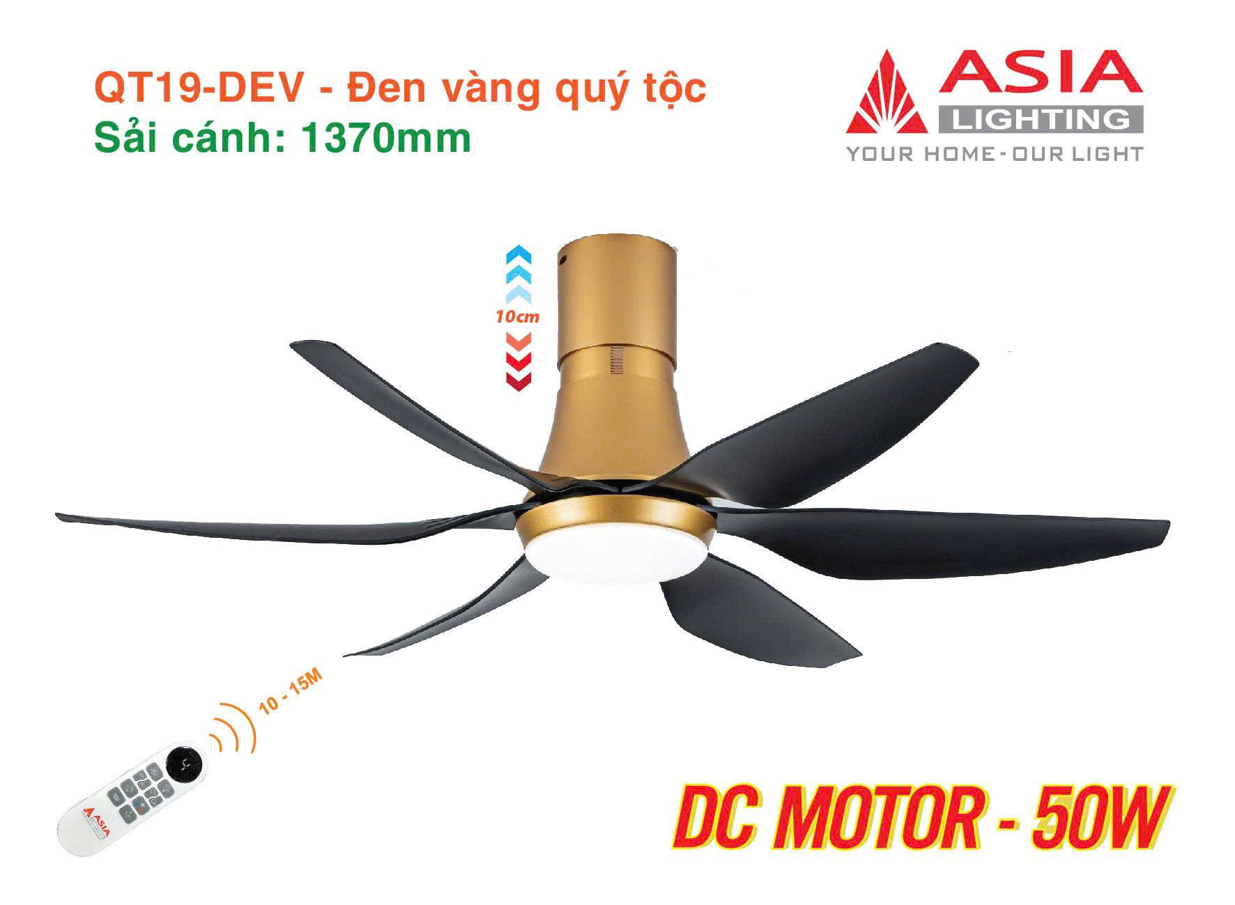 Asian-Quạt ốp trần sải cánh 1370mm có đèn QT19 - Ảnh 3