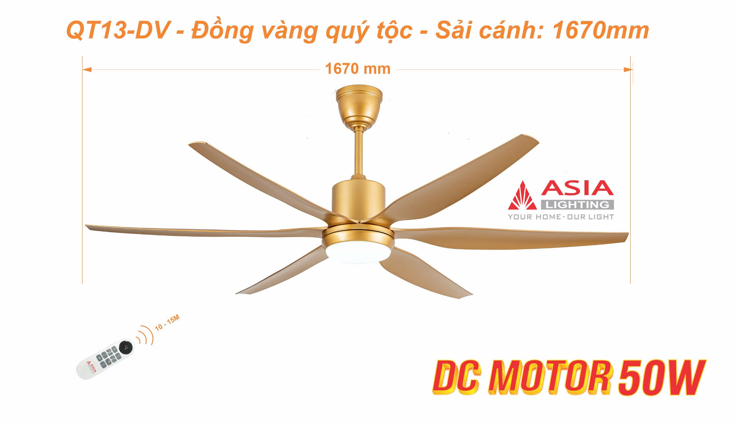 Asian-Quạt trần sải cánh 1670mm có đèn QT13 - Ảnh 6