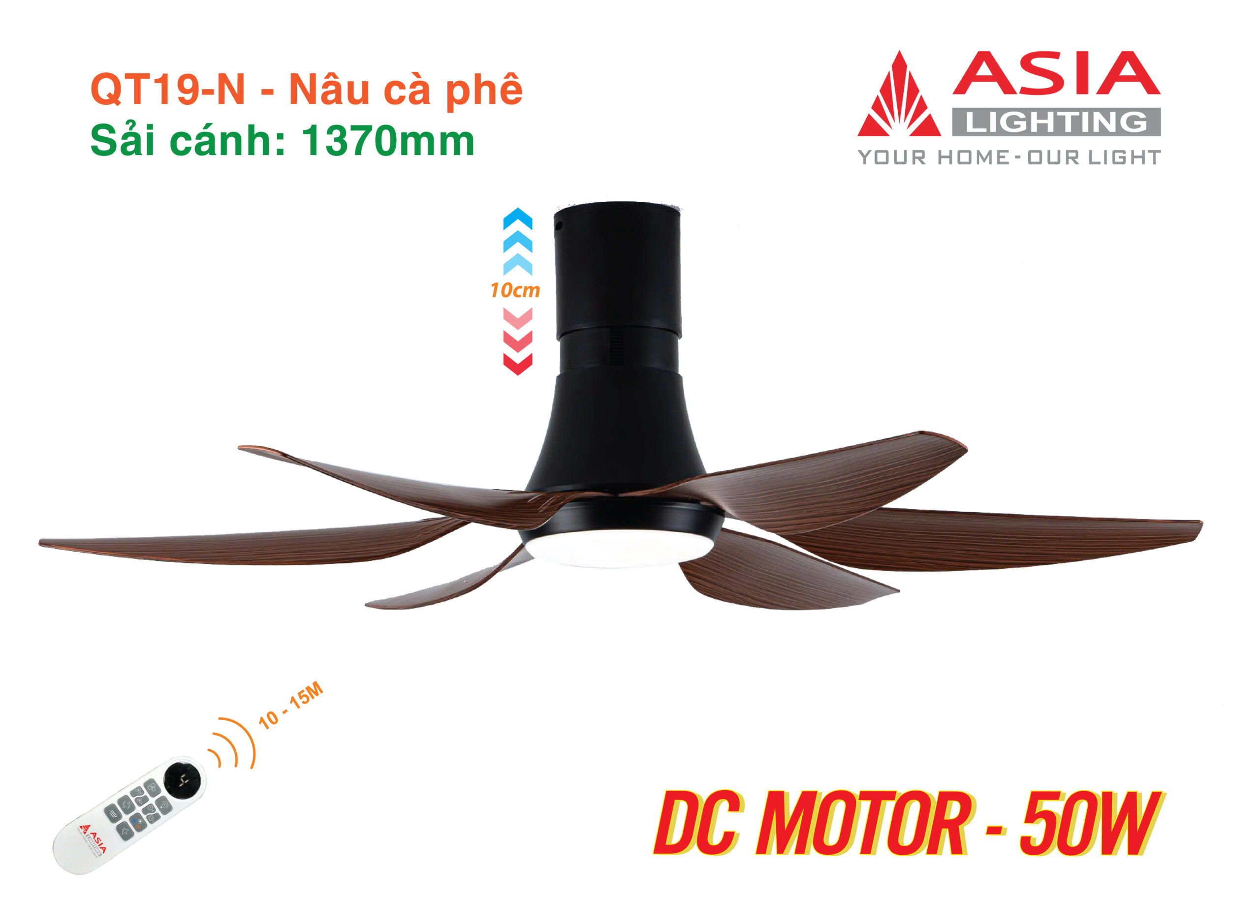 Asian-Quạt ốp trần sải cánh 1370mm có đèn QT19 - Ảnh 7