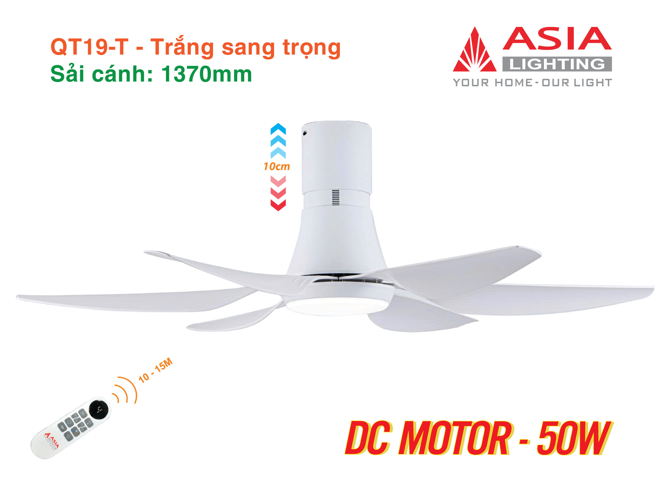 Asian-Quạt ốp trần sải cánh 1370mm có đèn QT19